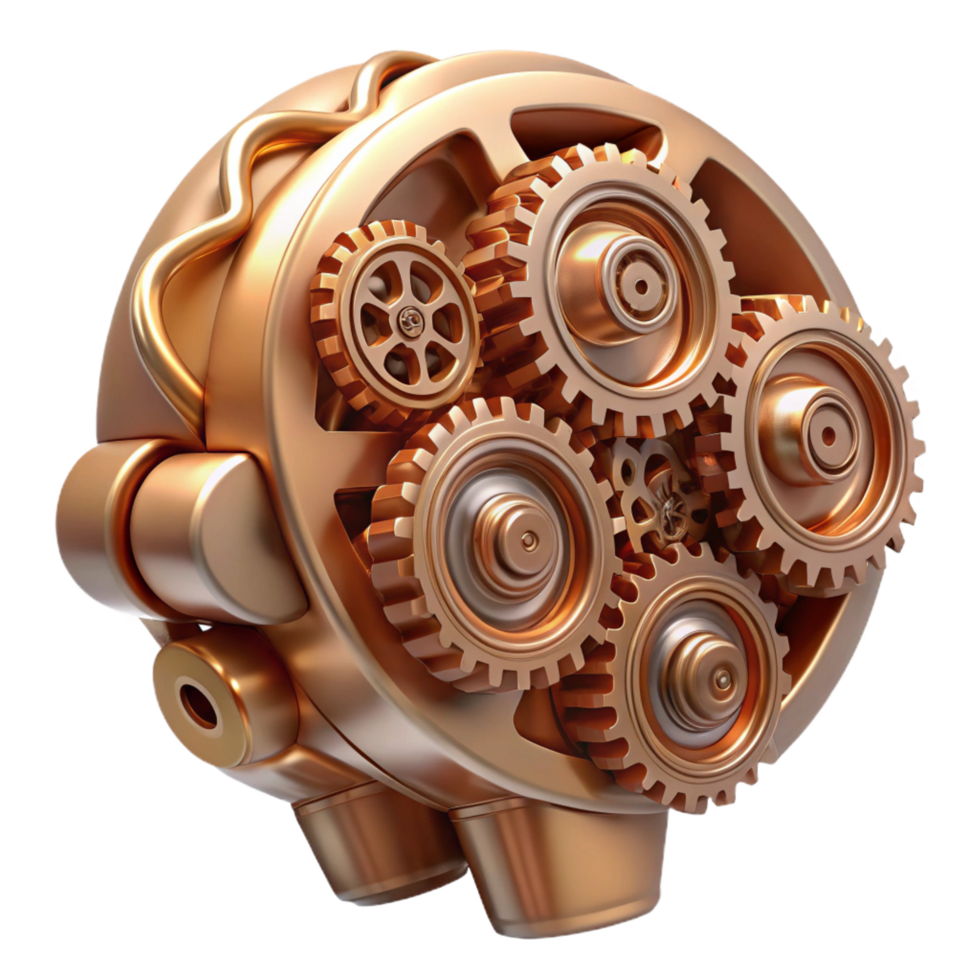 beautiful minimalist Intricate clockwork gears forming a human brain, brass and copper tones, dimly lit with an ambient occlusion effect, steampunk style detailed png