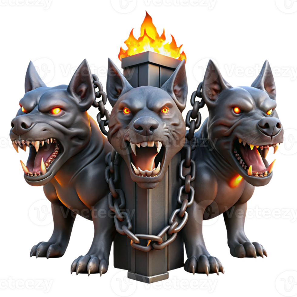 serene classic A three-headed Cerberus, each head snarling ferociously, chained to a massive iron gate, lit by flickering torches, in a gritty realism style genuine png