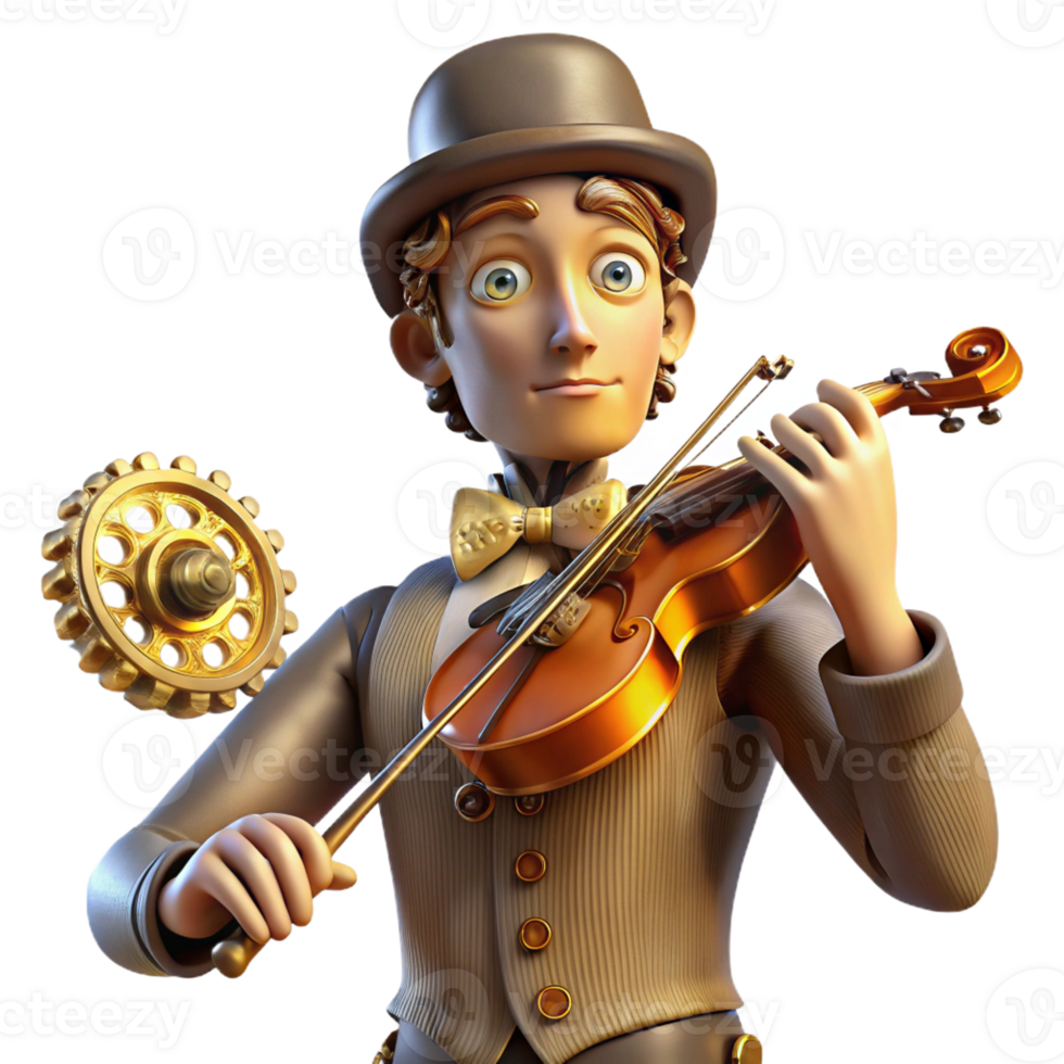 stunning artistic A steampunk automaton musician playing a violin with intricate clockwork mechanisms, lit by a warm stage light, in a romanticism style professional png