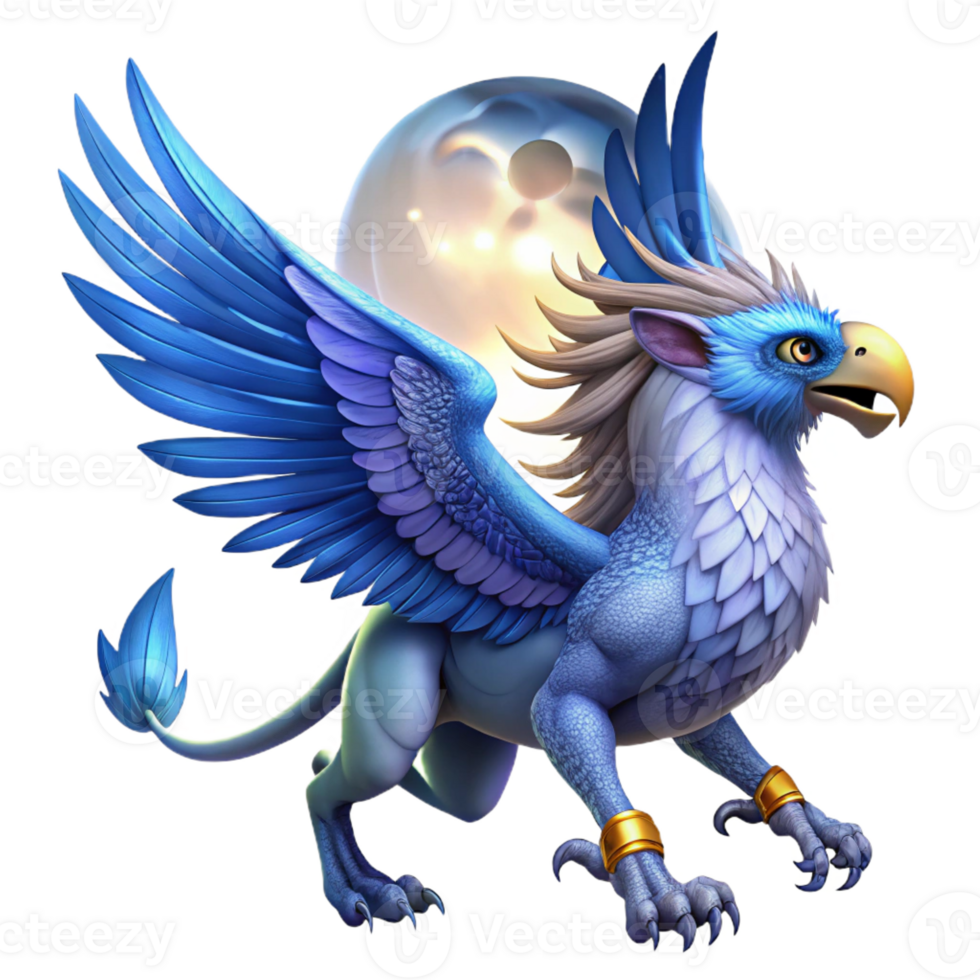 wonderful rustic A majestic griffin with sapphire feathers and golden talons, soaring through a twilight sky, illuminated by a full moon. Digital painting style exclusive png