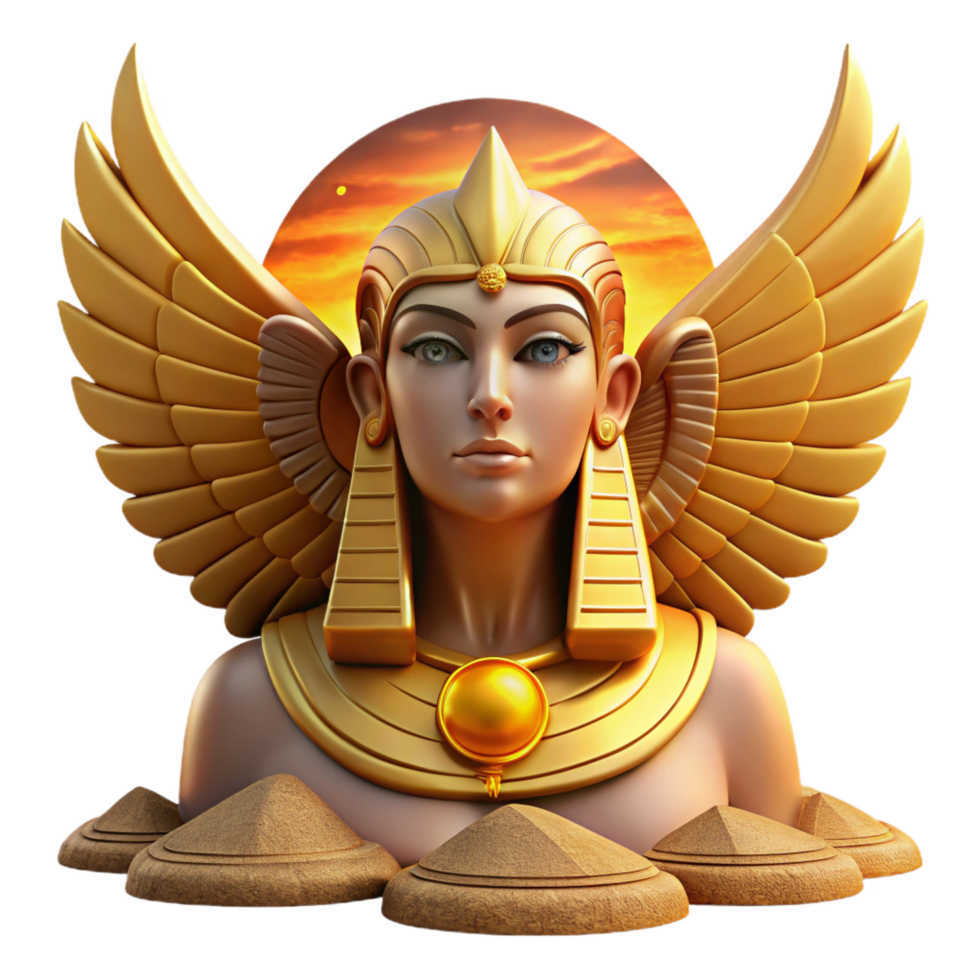 vibrant classic A majestic sphinx with golden wings and a woman's head, desert sunset lighting, ancient Egyptian style original png