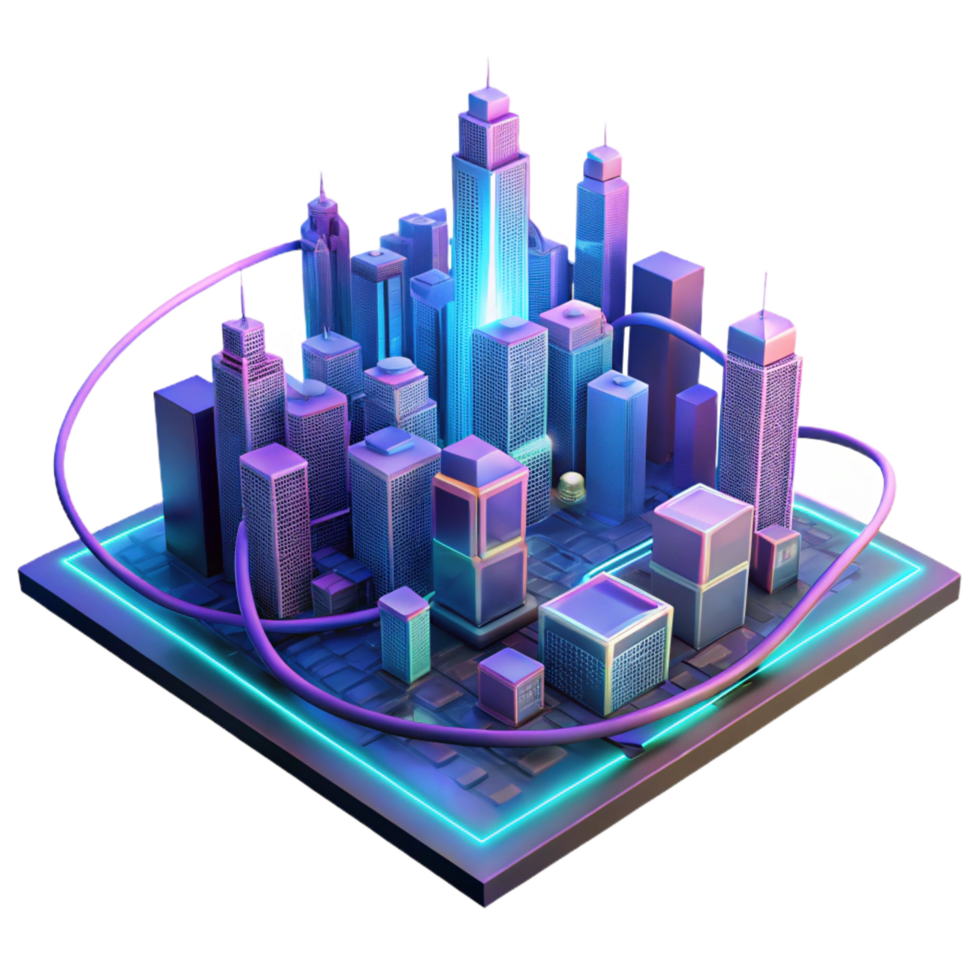 beautiful modern A futuristic city skyline composed entirely of interconnected data cables and glowing nodes, vibrant neon colors, cyberpunk style premium png