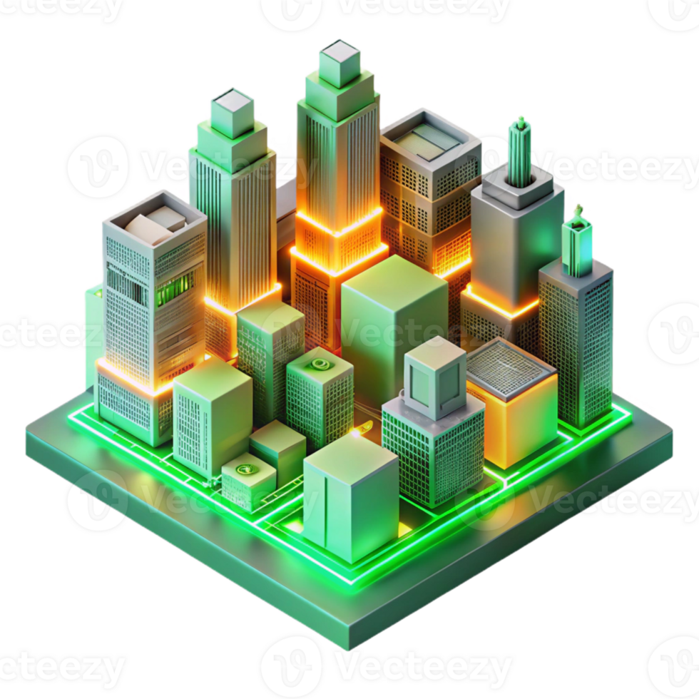 wonderful rustic A futuristic cityscape composed entirely of interconnected circuit boards, glowing with neon green and orange light, in a isometric perspective premium png