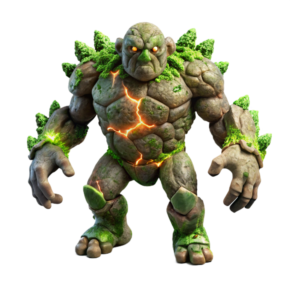 serene modern A powerful earth elemental made of rock and moss, glowing with earthen energy, dramatic lighting, fantasy art style authentic png