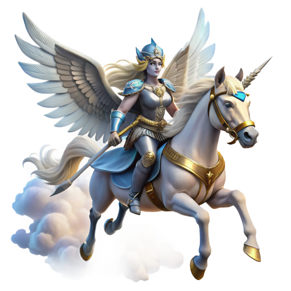 impressive modern A fierce Valkyrie riding a winged horse through a stormy sky, her armor gleaming, in a powerful, epic style exclusive png