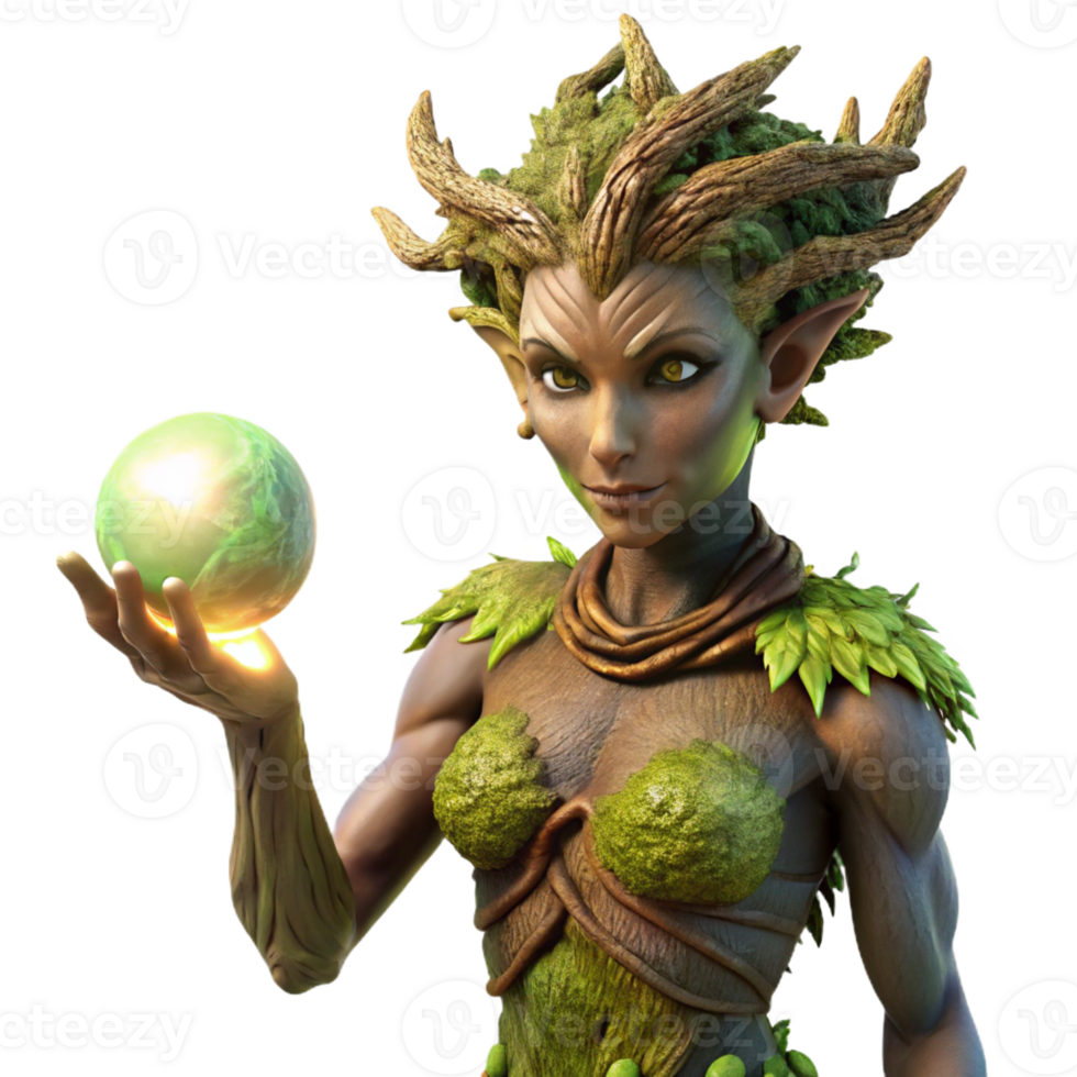 serene creative A powerful dryad, her skin made of bark and moss, holding a glowing orb of nature's energy, bathed in dappled sunlight, in a painterly style high quality png