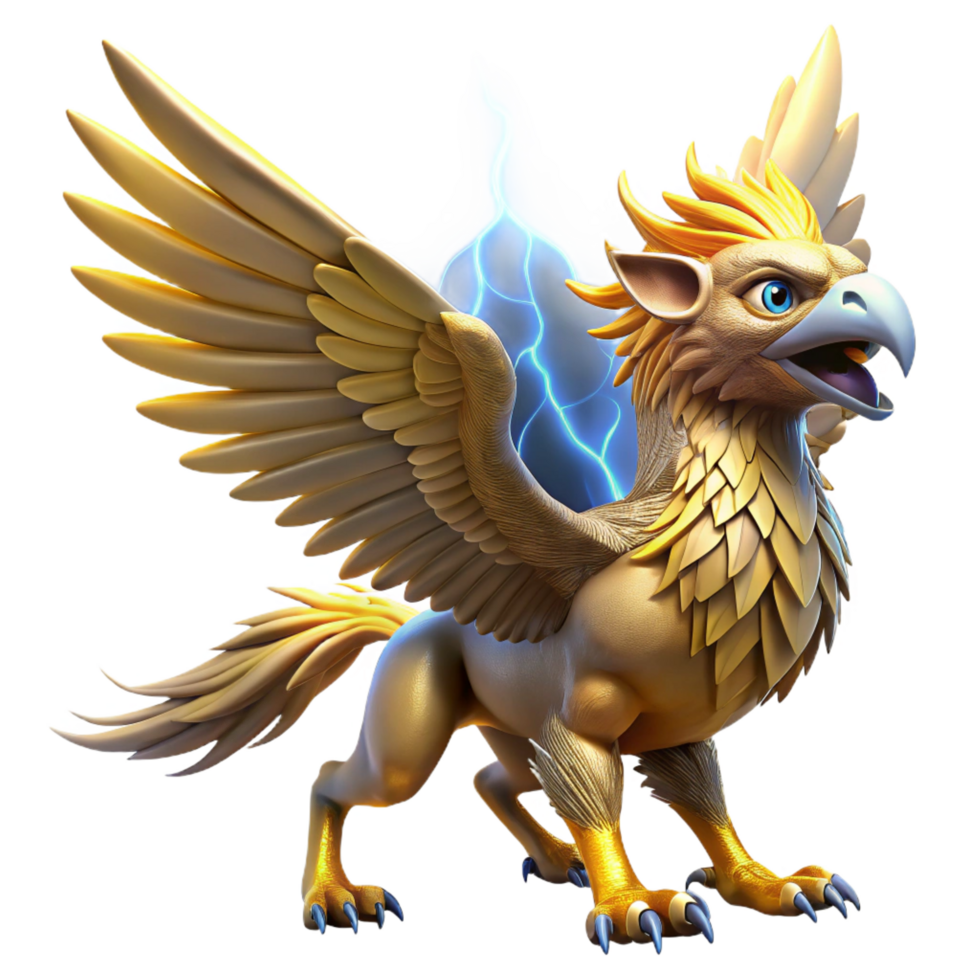 dramatic minimalist A powerful griffin with golden feathers and piercing blue eyes, soaring through a storm, illuminated by flashes of lightning. Realistic style premium png