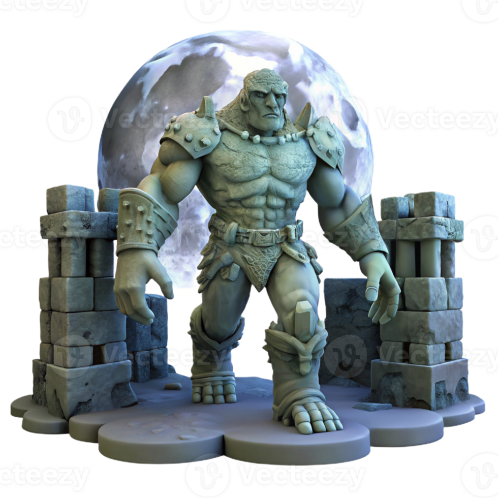 impressive classic A powerful golem made of stone, standing guard in a ruined city, under a full moon. Gothic style premium png