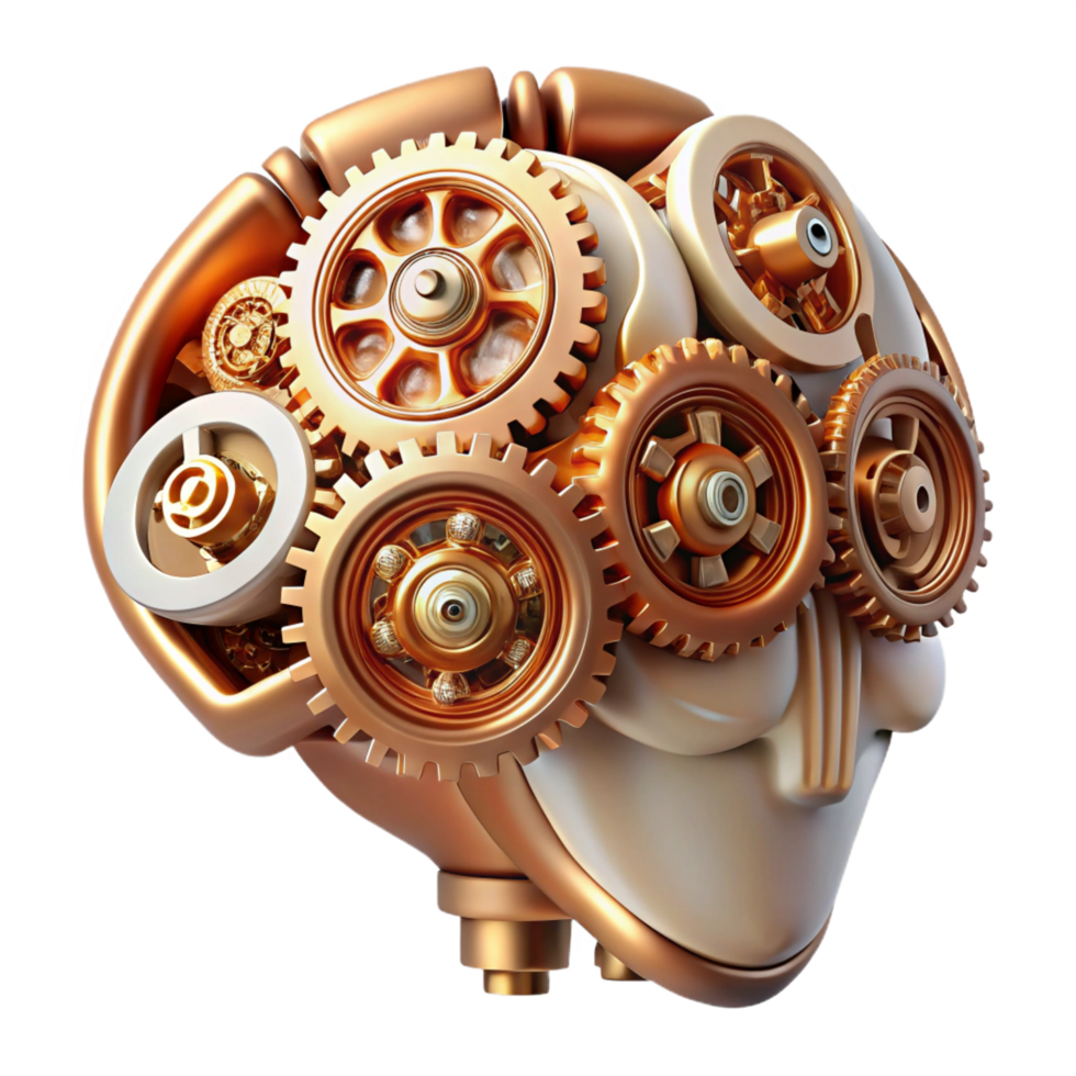 beautiful abstract Intricate clockwork gears forming a human brain, brass and copper tones, dimly lit with an ambient occlusion effect, steampunk style high quality png