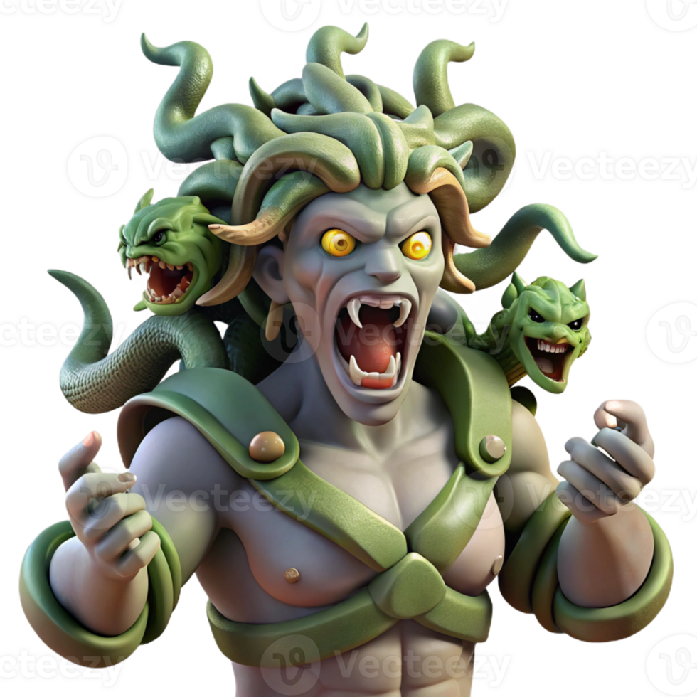 wonderful creative A menacing gorgon, her snakes writhing, turning a warrior to stone, in a terrifying, grotesque style genuine png