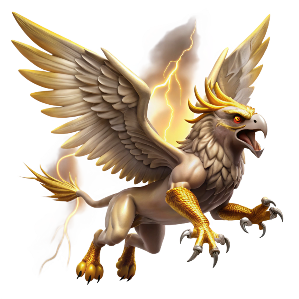 stunning classic A powerful griffin with golden feathers and piercing sapphire eyes, soaring through a storm-ridden sky, clutching a lightning bolt in its talons. Dramatic, realistic painting 4K png