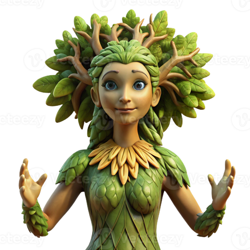 stunning contemporary A beautiful dryad with skin made of bark and hair of leaves, emerging from a giant oak tree, illuminated by dappled sunlight. Nature-inspired, realistic rendering detailed png