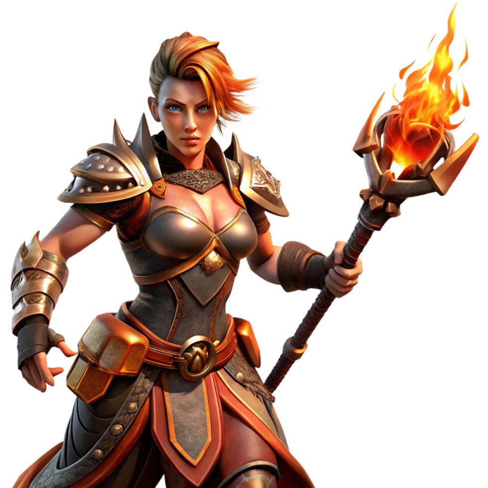 impressive rustic A fierce warrior woman with intricate tribal tattoos and leather armor, wielding a flaming sword, lit by the fiery glow of the weapon. Digital painting, dynamic pose original png