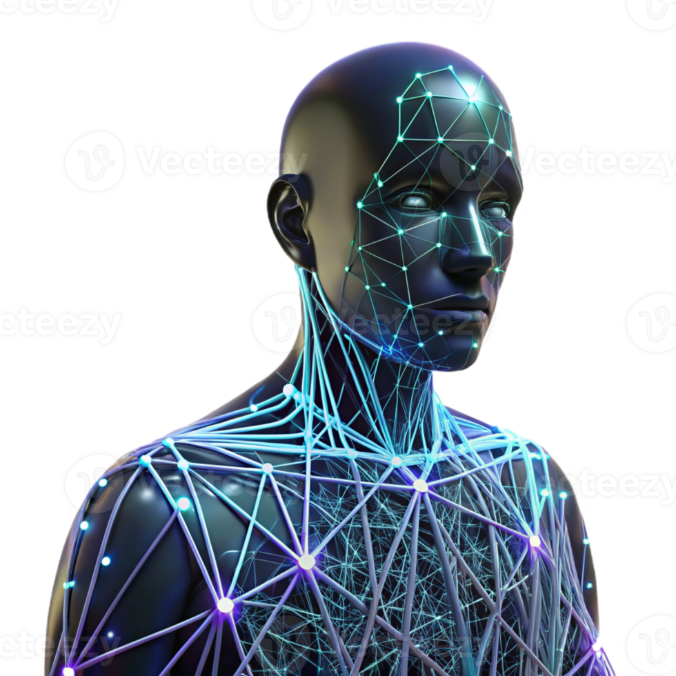 wonderful contemporary Intricate network of glowing fiber optic cables weaving through a human silhouette, dark cyberpunk lighting, digital art style 4K png