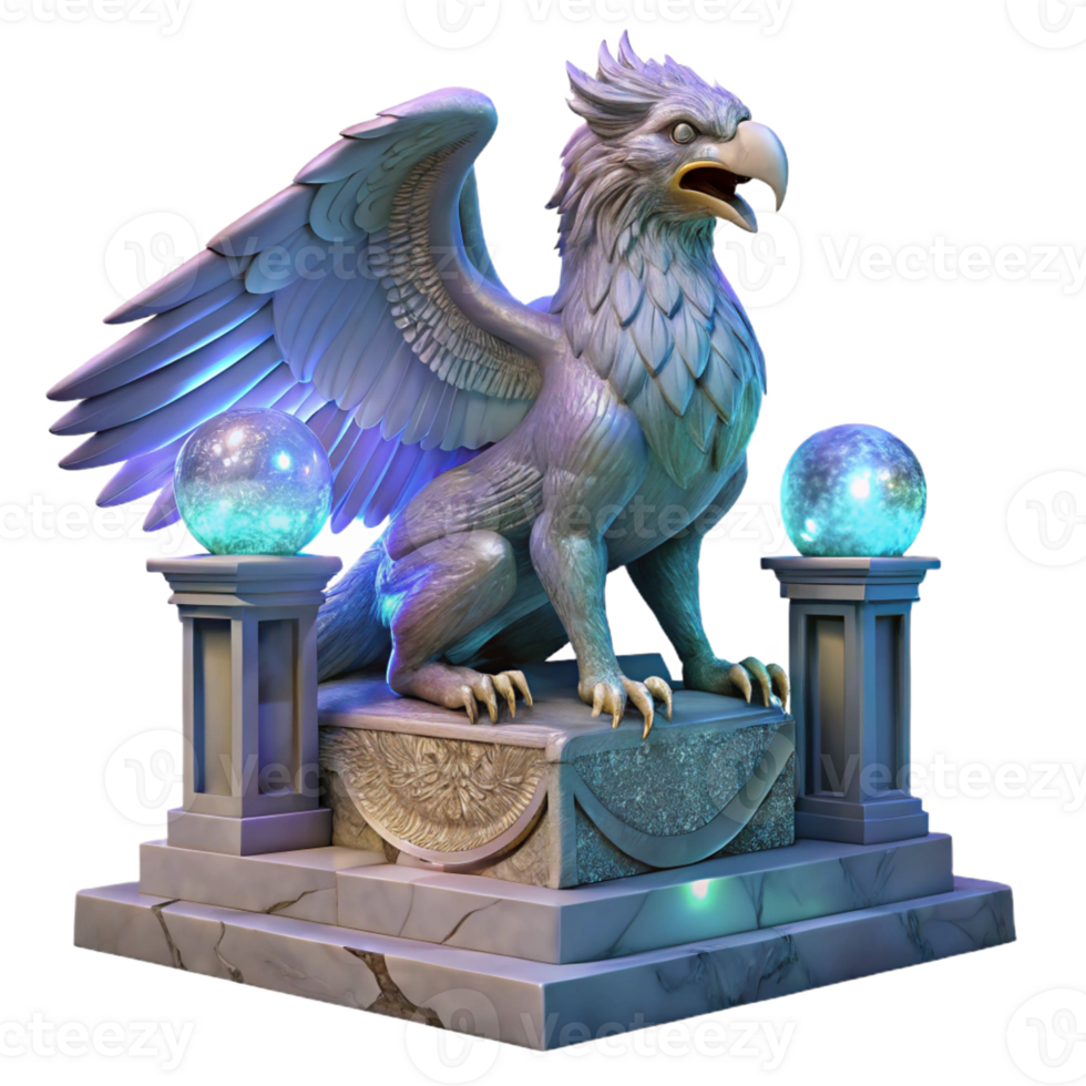 wonderful rustic A majestic griffin with iridescent feathers, perched atop a crumbling marble altar, lit by ethereal moonlight, in a hyperrealistic style professional png