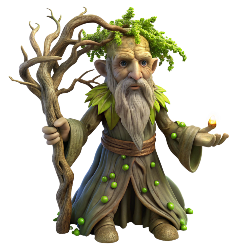impressive abstract A wise old tree ent with bark woven from living vines and glowing moss, holding a staff of twisted branches, bathed in dappled sunlight. Fantasy art, hyperrealistic detail 4K png