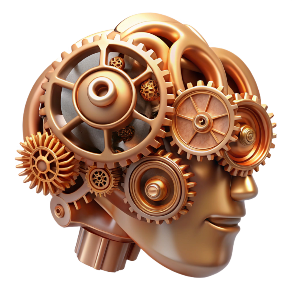 wonderful modern Intricate clockwork gears forming a human brain, brass and copper tones, dimly lit with an ambient occlusion effect, steampunk style 4K png