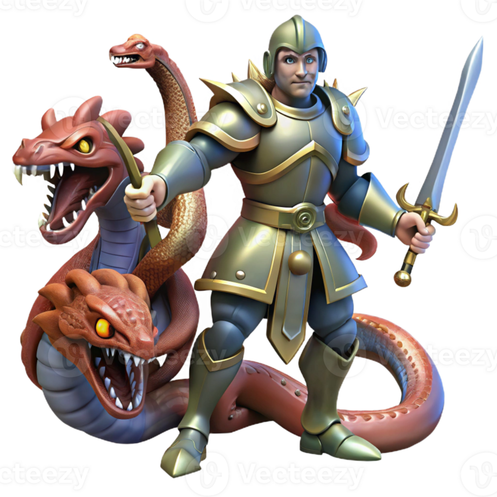 extraordinary minimalist A brave knight in shining armor, wielding a legendary sword, battles a monstrous three-headed hydra. Dramatic, contrasting light. Heroic fantasy art style premium png