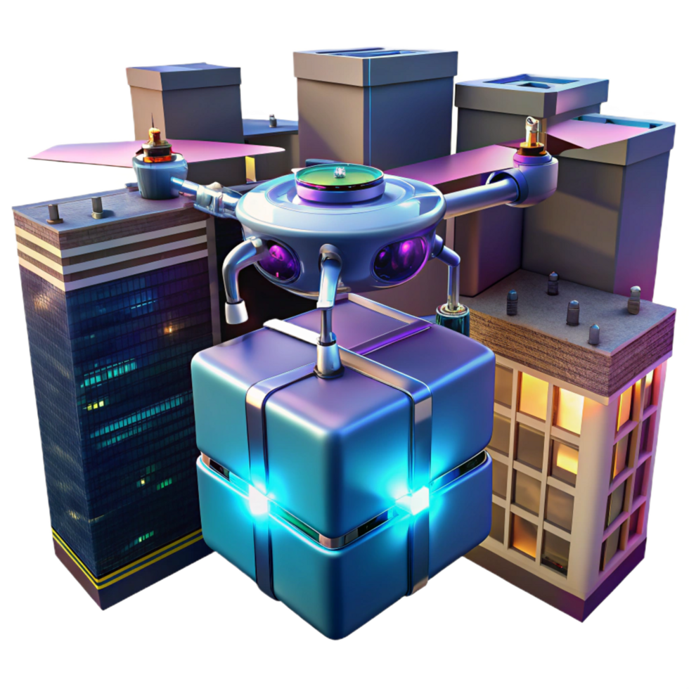 serene artistic A drone delivering a package with a glowing holographic label, urban setting, dusk lighting authentic png