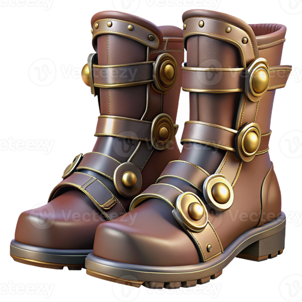 vibrant classic Steampunk boots with intricate buckles and metal plating high resolution png