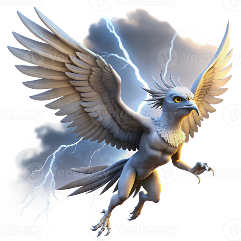 impressive minimalist A graceful harpy soaring through a stormy sky, lightning illuminating her feathered wings, in a dramatic, romantic style exclusive png