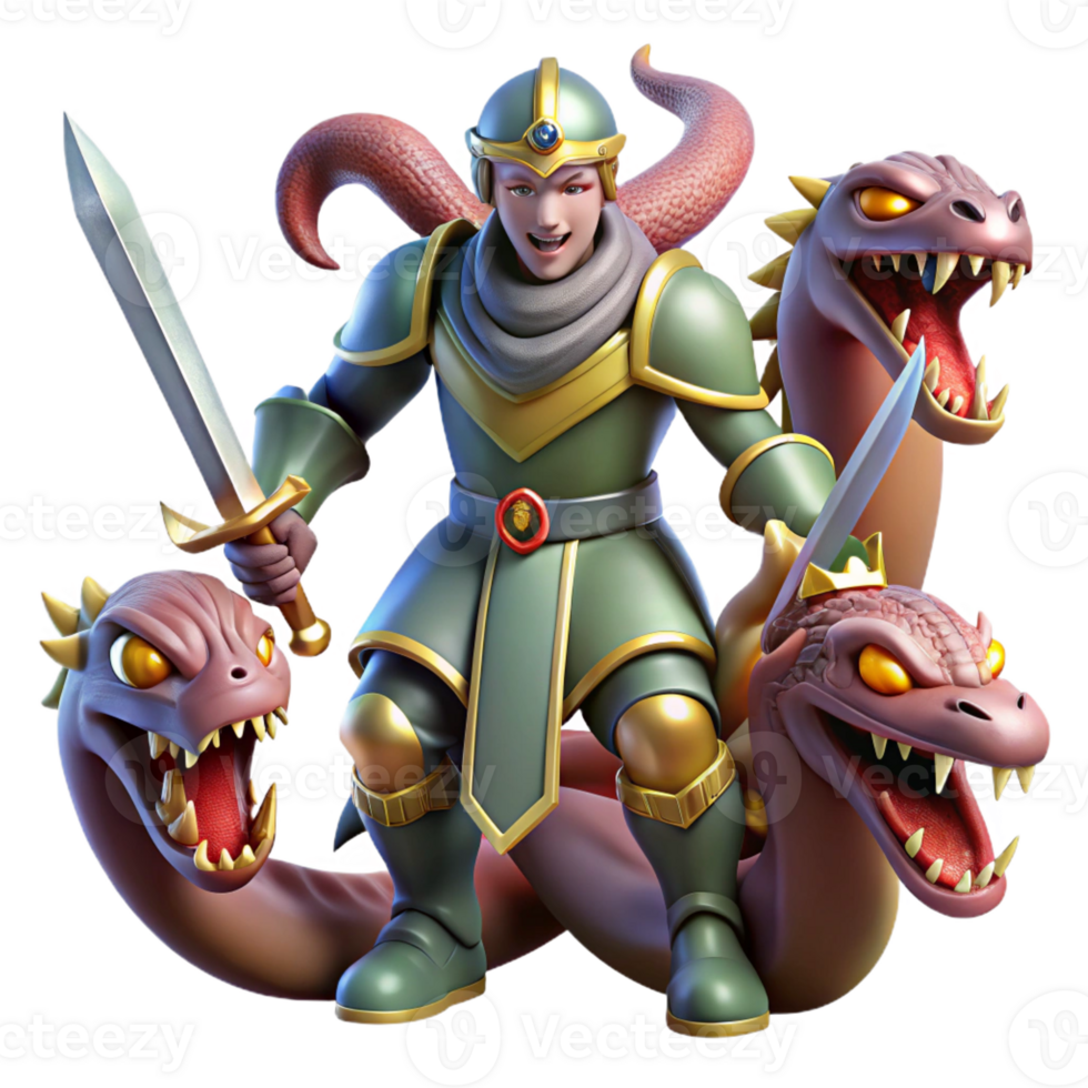 stunning modern A brave knight in shining armor, wielding a legendary sword, battles a monstrous three-headed hydra. Dramatic, contrasting light. Heroic fantasy art style 4K png