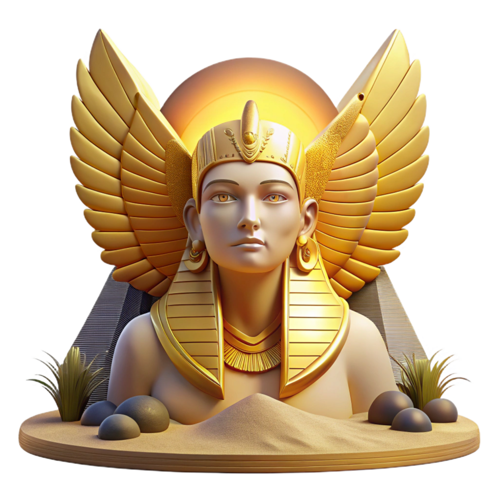 beautiful artistic A majestic sphinx with golden wings and a woman's head, desert sunset lighting, ancient Egyptian style detailed png