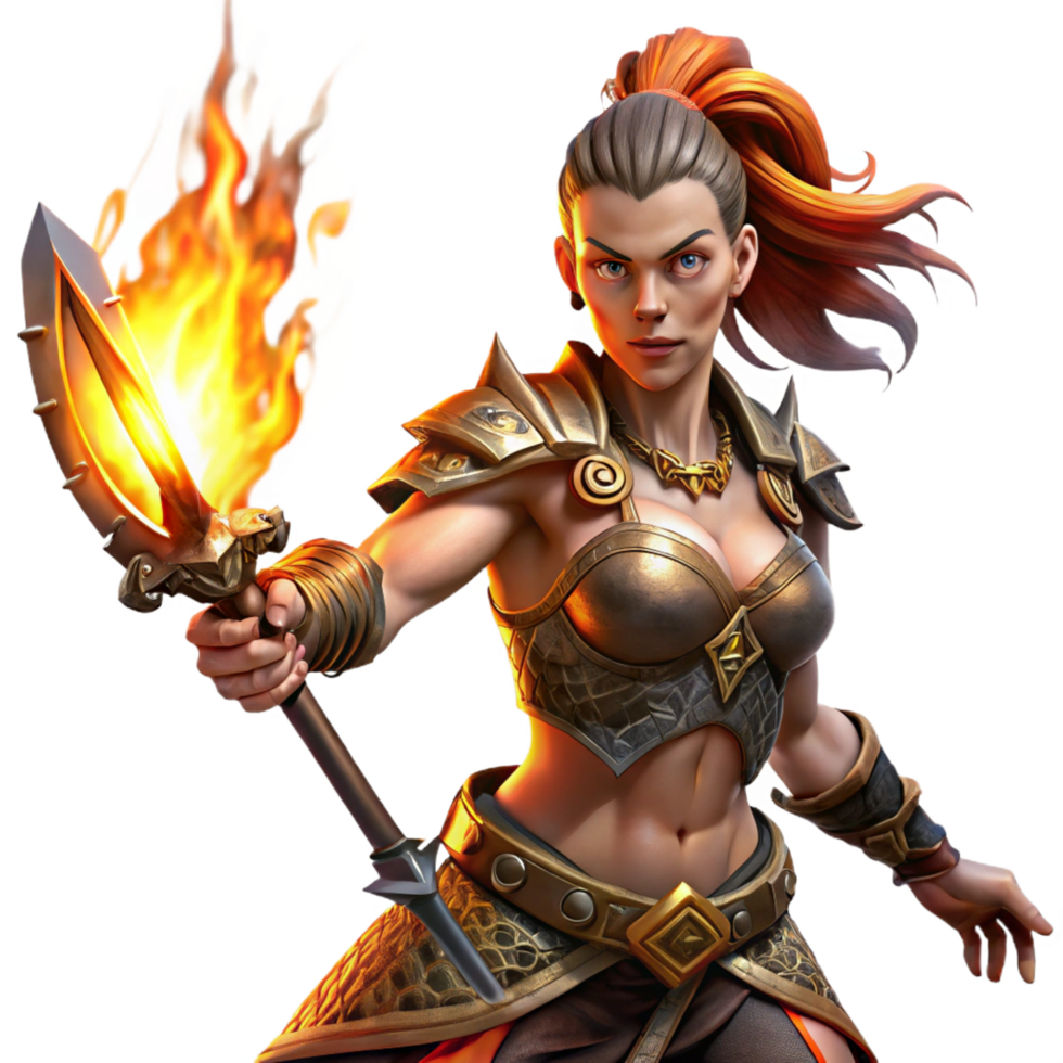 stunning rustic A fierce warrior woman with intricate tribal tattoos and leather armor, wielding a flaming sword, lit by the fiery glow of the weapon. Digital painting, dynamic pose authentic png