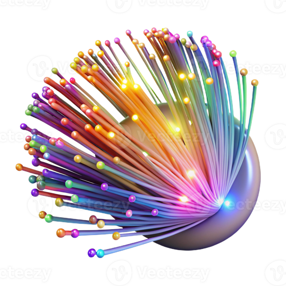 stunning modern A complex network of fiber optic cables, pulsing with vibrant multicolored light, in a long exposure photography style high quality png