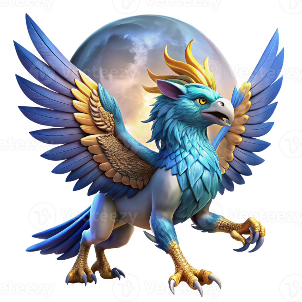 impressive abstract A majestic griffin with sapphire feathers and golden talons, soaring through a twilight sky, illuminated by a full moon. Digital painting style high resolution png