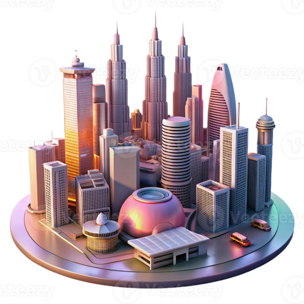 serene abstract A futuristic cityscape with flying cars and towering skyscrapers, sunset lighting, matte painting style original png
