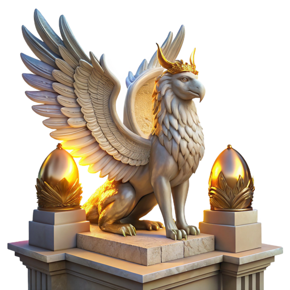 dramatic contemporary A majestic griffin with iridescent feathers, perched atop a crumbling marble altar, bathed in the golden light of a setting sun, Art Nouveau style detailed png