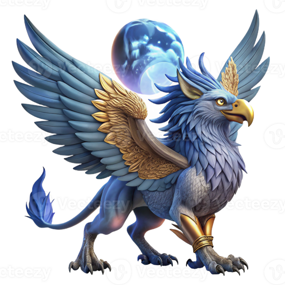 elegant contemporary A majestic griffin with sapphire feathers and golden talons, soaring through a twilight sky, illuminated by a full moon. Digital painting style genuine png