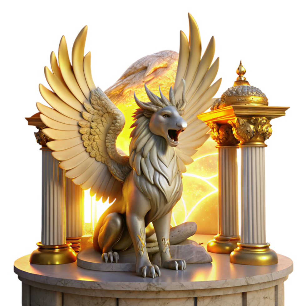 impressive artistic A majestic griffin with iridescent feathers, perched atop a crumbling marble altar, bathed in the golden light of a setting sun, Art Nouveau style high resolution png