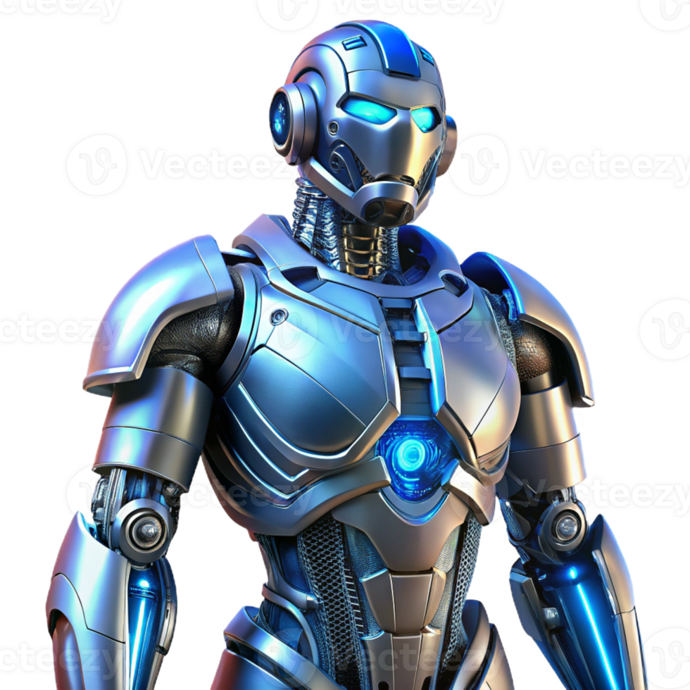 stunning traditional A robotic exoskeleton, detailed with metallic textures and hydraulics, illuminated by a cool, blue light, in a realistic style premium png