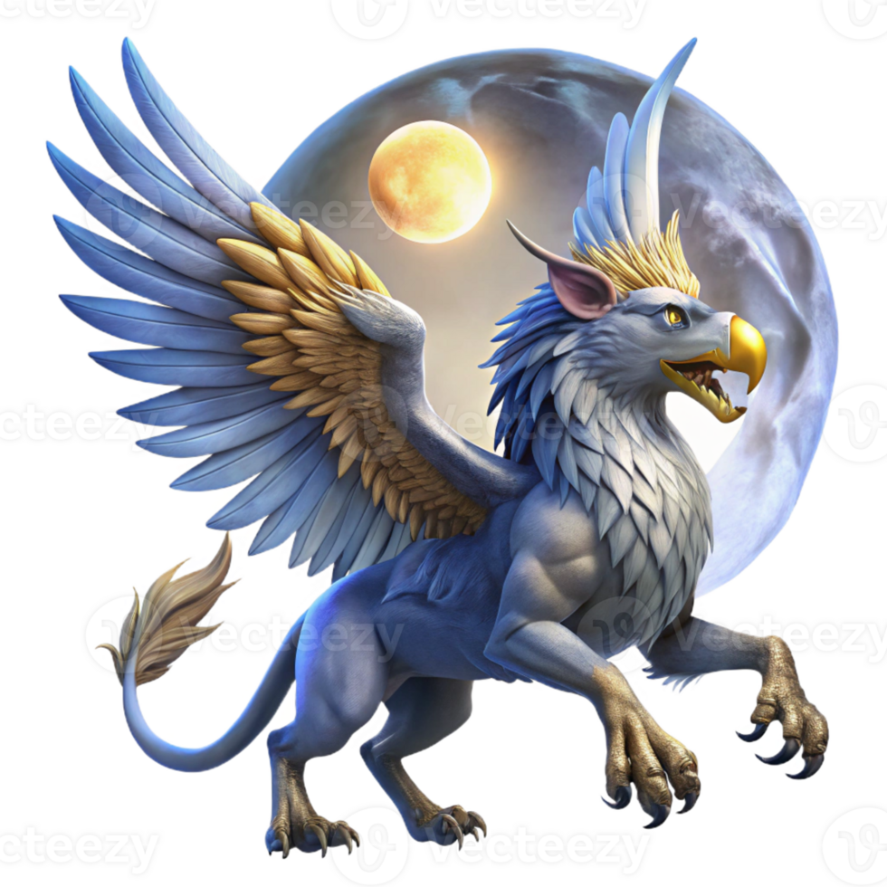 serene rustic A majestic griffin with sapphire feathers and golden talons, soaring through a twilight sky, illuminated by a full moon. Digital painting style high quality png
