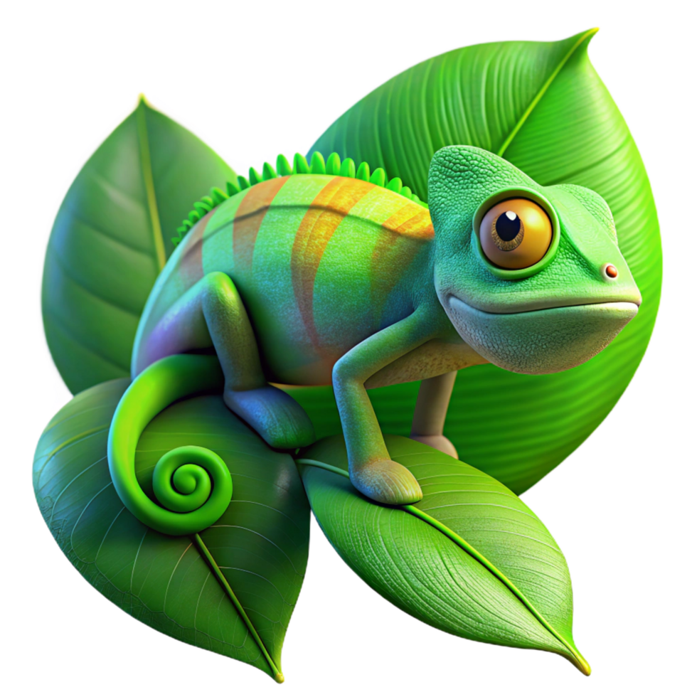 magnificent vintage A colorful chameleon blending seamlessly into a lush green leaf, illuminated by dappled sunlight, in a detailed, macro photography style 4K png