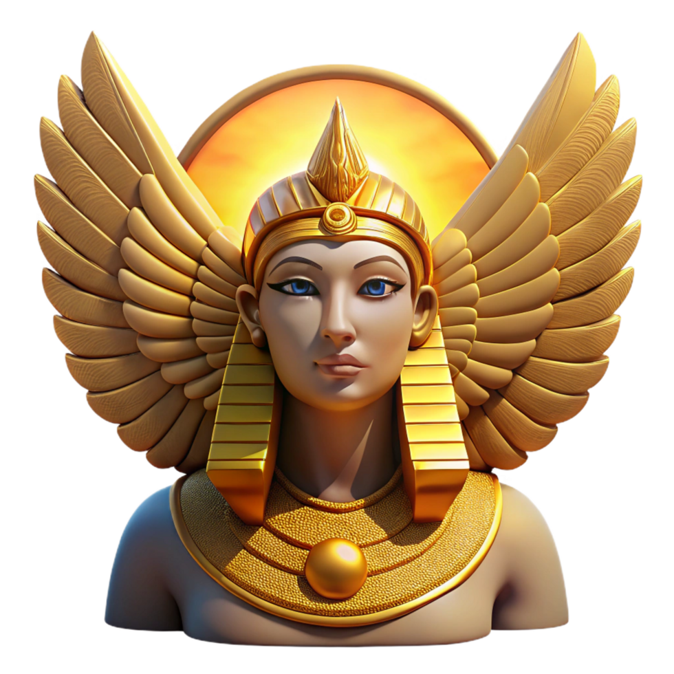serene traditional A majestic sphinx with golden wings and a woman's head, desert sunset lighting, ancient Egyptian style detailed png