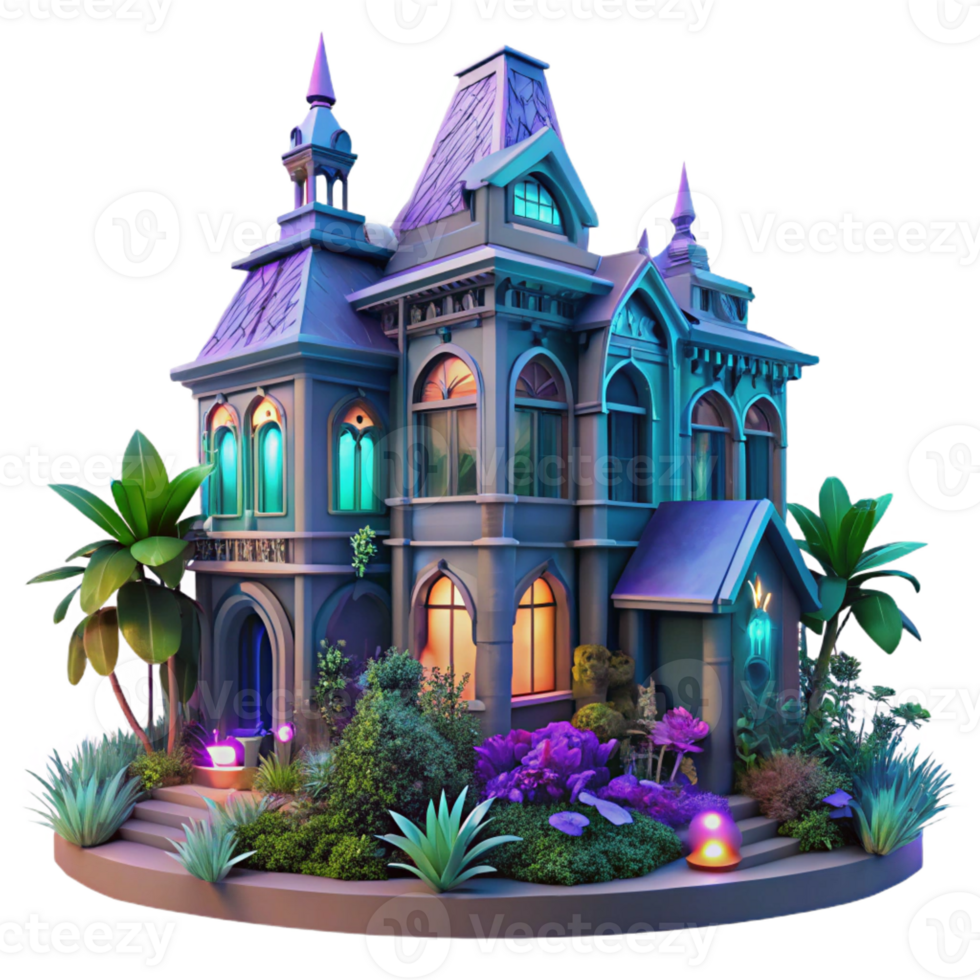 extraordinary abstract Victorian mansion overgrown with vibrant bioluminescent plants, twilight lighting, fantasy art style authentic png