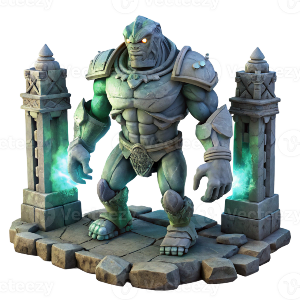 serene abstract A stoic golem crafted from ancient stone, standing guard in a ruined temple, illuminated by a single ray of light. Dark fantasy, dramatic lighting high resolution png