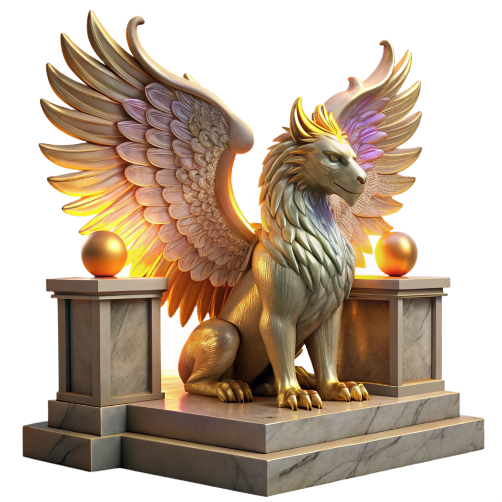 impressive classic A majestic griffin with iridescent feathers, perched atop a crumbling marble altar, bathed in the golden light of a setting sun, Art Nouveau style 4K png
