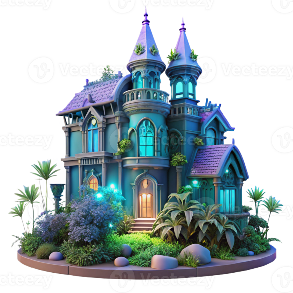 elegant artistic Victorian mansion overgrown with vibrant bioluminescent plants, twilight lighting, fantasy art style authentic png