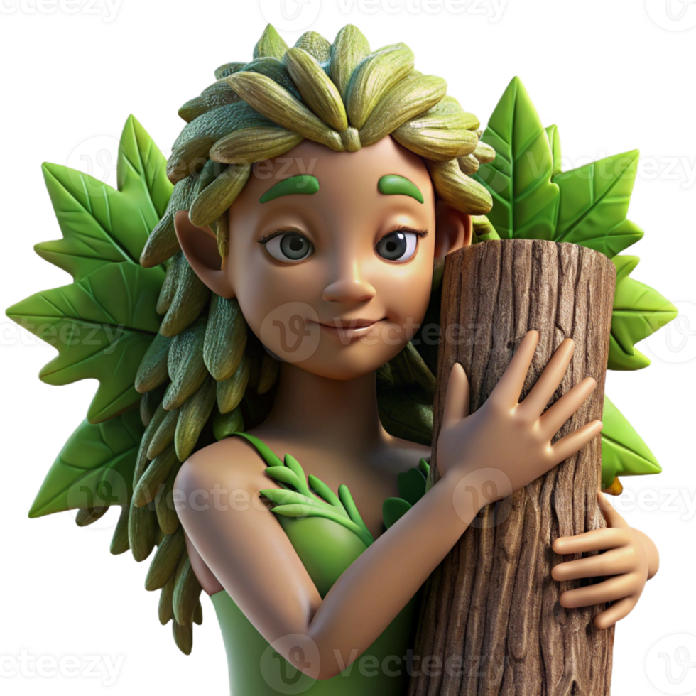 serene modern A serene dryad with bark-like skin and leafy hair, embracing a giant tree, illuminated by the dappled sunlight of a forest. Nature photography style genuine png