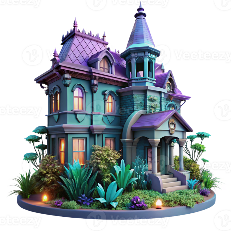 dramatic artistic Victorian mansion overgrown with vibrant bioluminescent plants, twilight lighting, fantasy art style 4K png