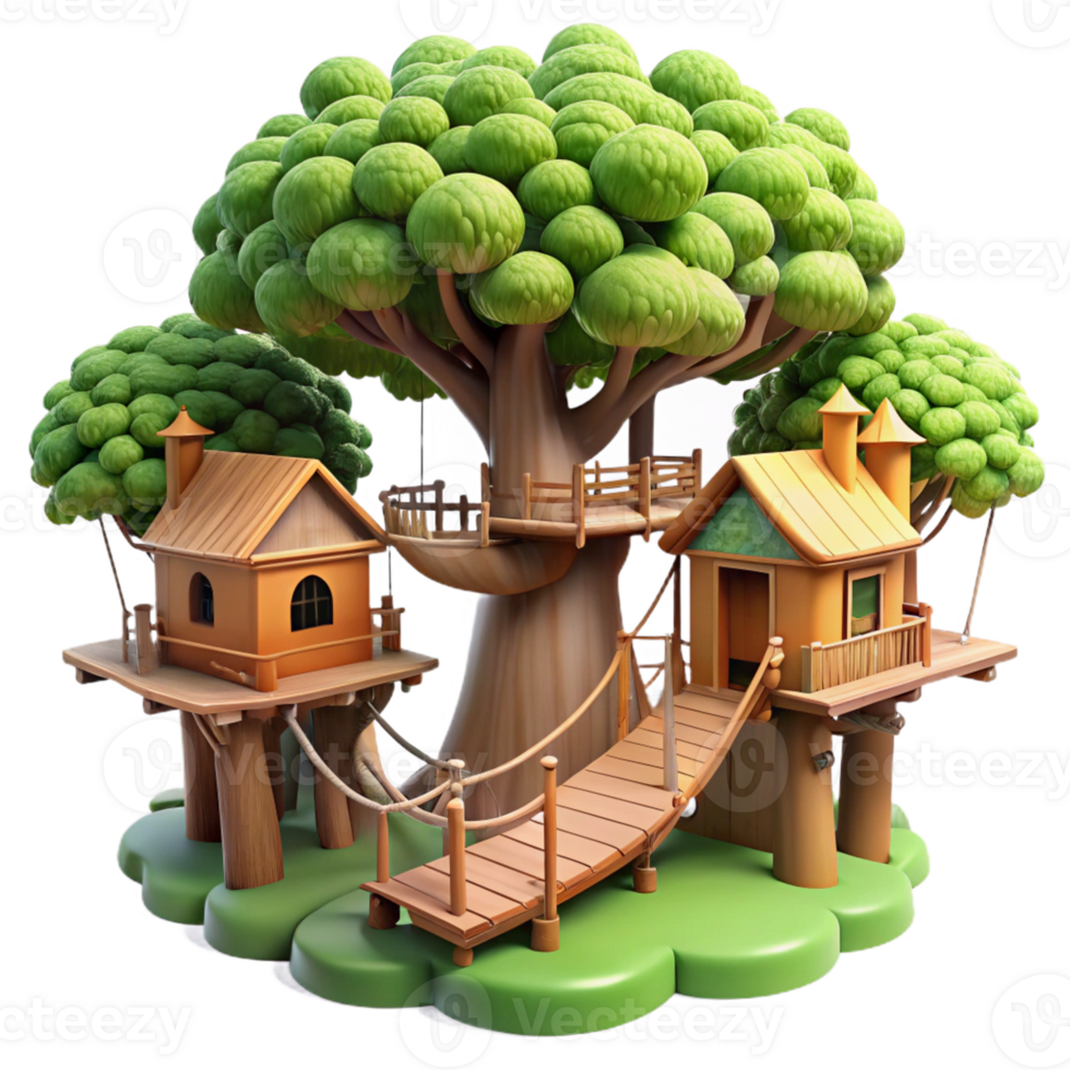 extraordinary vintage Treehouse village connected by rope bridges, lush foliage, dappled sunlight, whimsical style high resolution png
