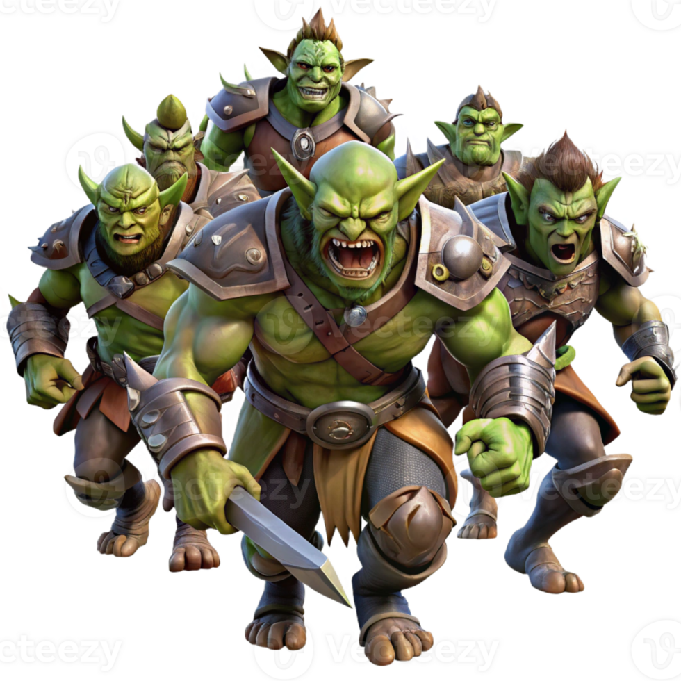 wonderful traditional A group of fierce orc warriors, clad in heavy armor and wielding brutal weapons, charge into battle. Dramatic, contrasting lighting. Grimdark fantasy art style exclusive png
