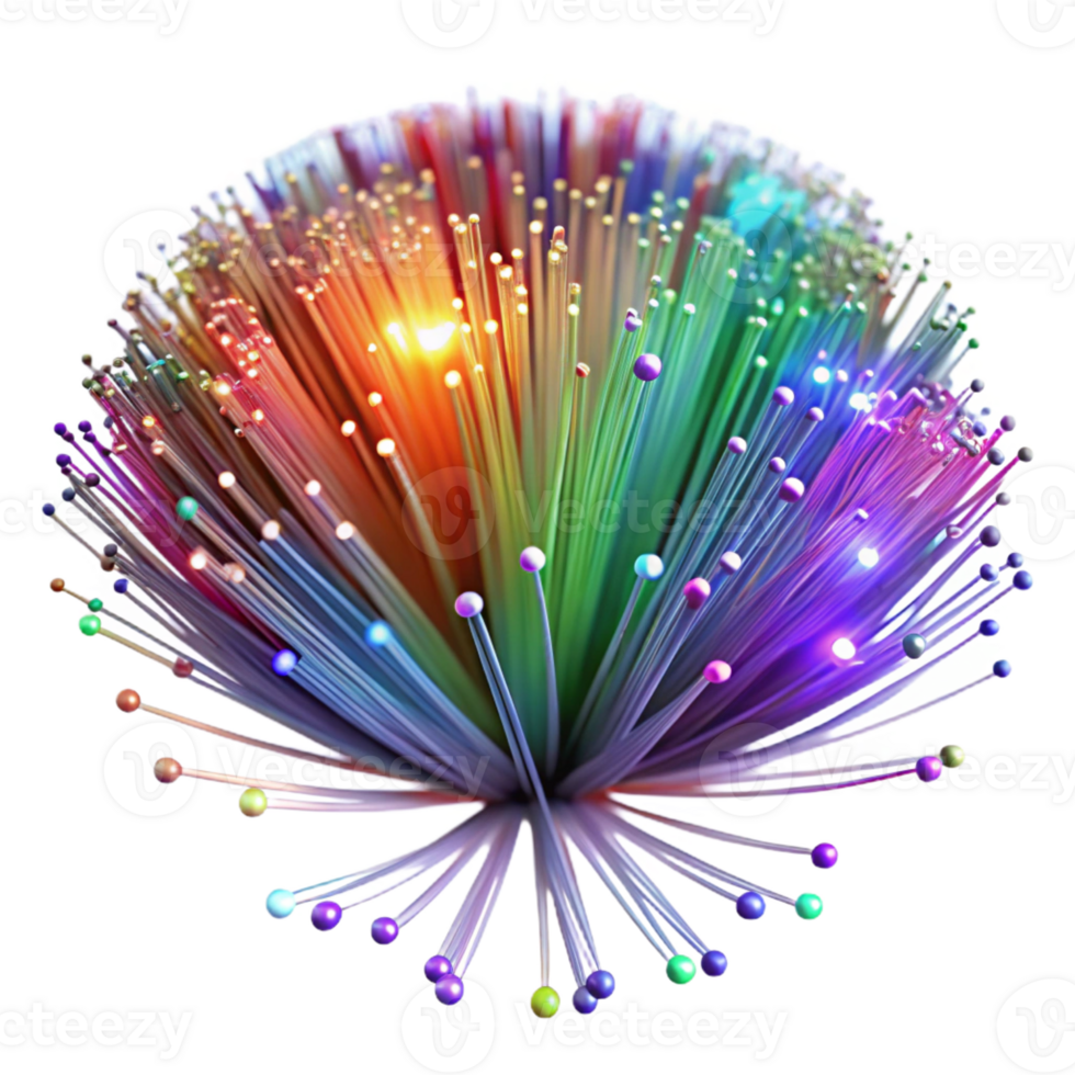 wonderful minimalist A complex network of fiber optic cables, pulsing with vibrant multicolored light, in a long exposure photography style original png