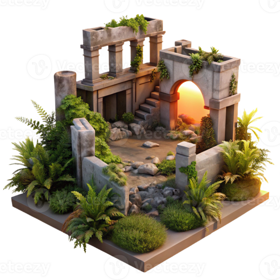 vibrant abstract Post-apocalyptic ruins overgrown with vegetation, warm sunset lighting, desolate style exclusive png