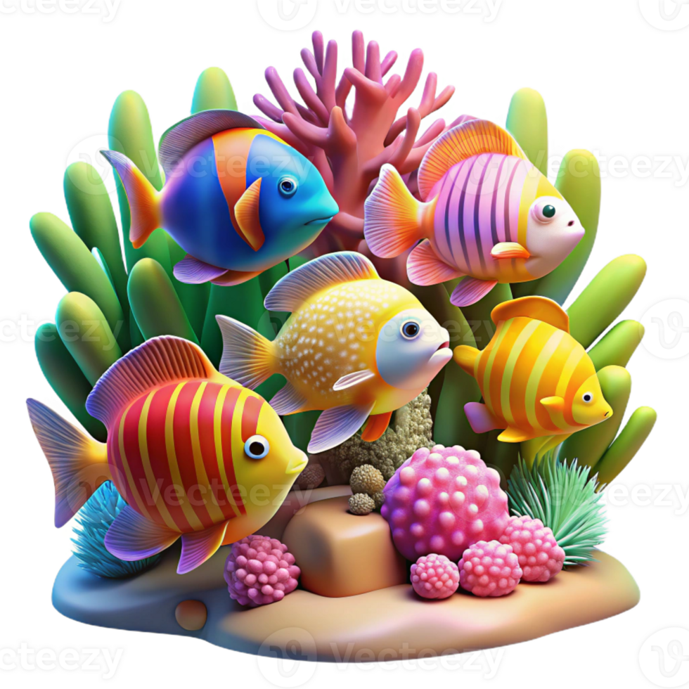 magnificent traditional A group of colorful tropical fish swimming amongst coral reefs, illuminated by underwater sunlight, depicted in a vibrant, detailed illustration detailed png