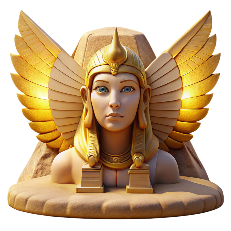 dramatic minimalist A majestic sphinx with golden wings and a woman's head, desert sunset lighting, ancient Egyptian style 4K png